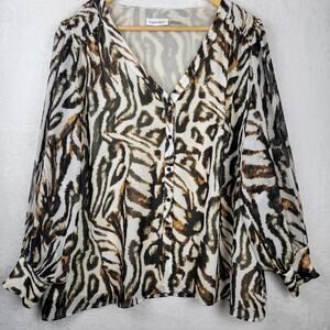 2X Blouse VNeck Animal Button Up Flowy Sheer Long Sleeve Tunic Top Office Career